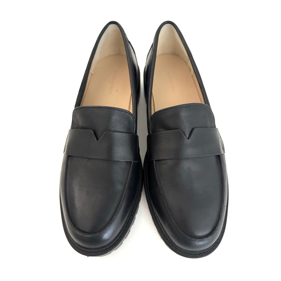 Banana Republic Vee-Strap Lugg Loafers 10-10.5 W Black Leather Chunky Lug Sole - Picture 2 of 14